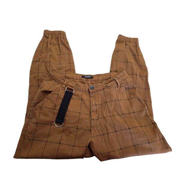 American Bazi L Jogger Pants Brown Grid Techwear Streetwear Cargo Strap Y2K - Picture 2 of 8